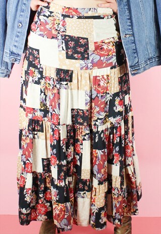 VINTAGE 90S SKIRT MAXI PATCHWORK BEIGE RED FESTIVAL