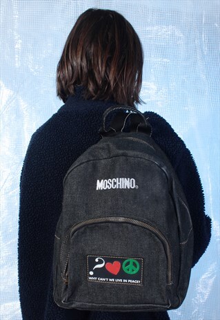 VINTAGE MOSCHINO BLACK DENIM EMBROIDERED BACKPACK