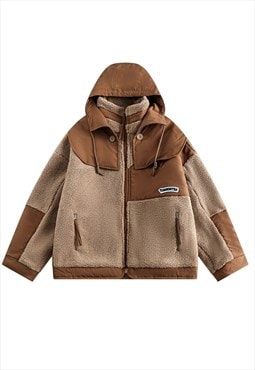 Mountain fleece bomber skiing style puffer jacket in brown 