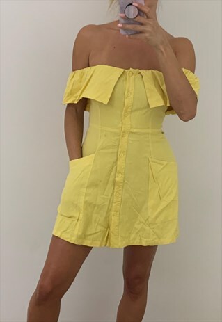 BUTTON DOWN OFF SHOULDER MINI DRESS IN YELLOW