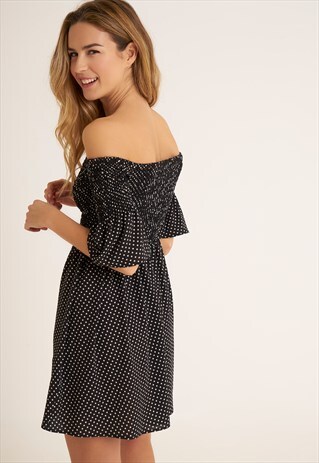 SHIRRED OFF-SHOULDER DRESS