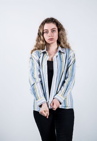 TOMMY HILFIGER VINTAGE 1990S BLUE AND YELLOW STRIPED SHIRT