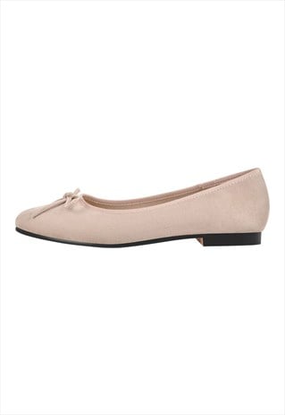 Bow Round Toe Suede Natural Ballet Flats