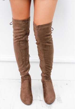 BROWN OVER KNEE FAUX SUEDE BLOCK HEEL LACE UP BOOTS