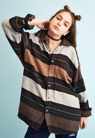 90'S RETRO STRIPED PRINT WORKWEAR OVERSIZED DADS SHIRT