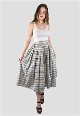 50's Pink Green Gathered Vintage Circular Cotton Midi Skirt