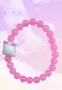 White Bunny Rabbit Pink Chalcedony Beaded Gemstone Bracelet