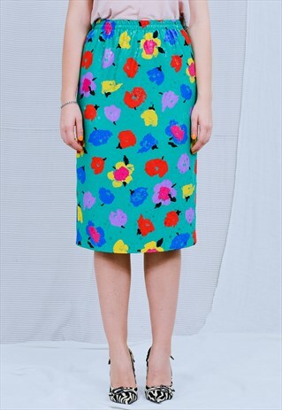 FINK SKIRT PRINTED VINTAGE 80S RAINBOW FLOWERS FLORAL M/L