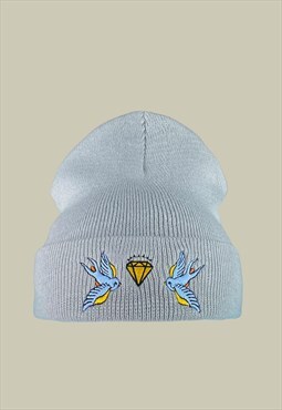 Diamond  Swallow Tattoo Embroidered Beanie Hat in Light Grey