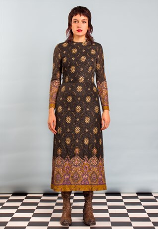 VINTAGE 1970S PATTERNED LUREX GLITTER MAXI DRESS