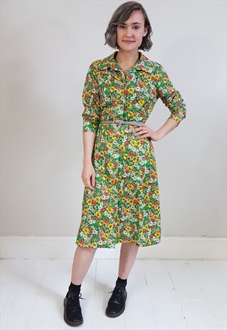VINTAGE 70'S GREEN AND YELLOW FLORAL BUTTON DOWN DRESS