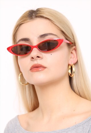 RED SLIM THIN CAT EYE 90S SUNGLASSES UV400