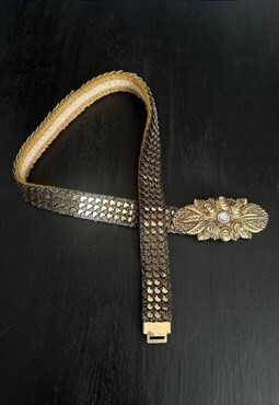 70's Vintage Gold Metal Chain Stretchy Diamante Belt