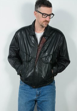 Vintage Leather Jacket Bomber Black Unisex Size L