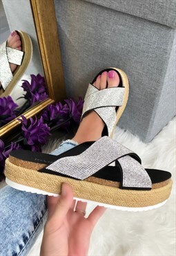 Chunky Black & Silver Diamonte Slides / Sandals
