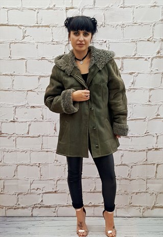 GREEN HOODED SHEEPSKIN / SHEARLING / SUEDE COAT