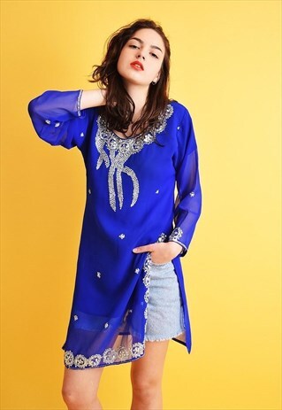 80'S BOHO HIPPIE SHIMMERING SARI INDIAN TUNIC DRESS TOP