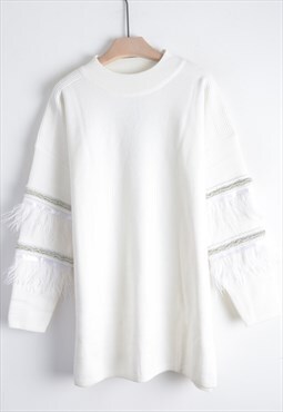 Jumper with Feather and Sequin Embellished Sleeves in White