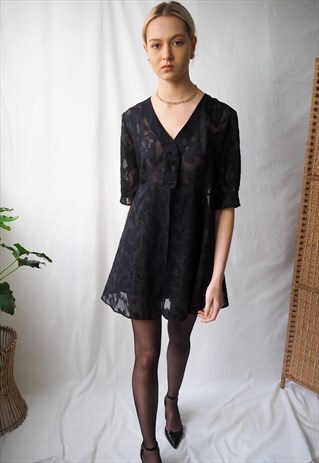 VINTAGE 90S BLACK FLORAL SEMI SHEER BLOUSE