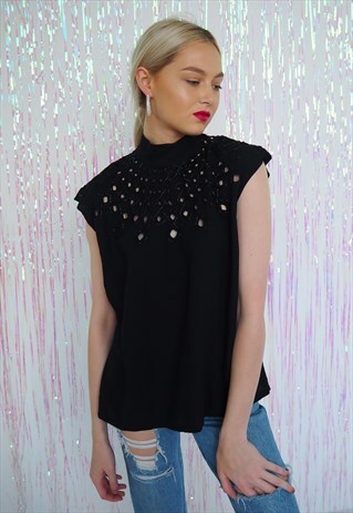 VINTAGE BLACK KEYHOLE CUT OUT BEADED BLOUSE