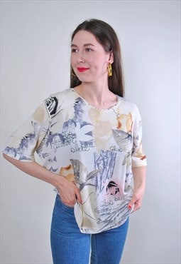 Women vintage beige floral print tshirt 