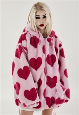 Heart print fleece jacket faux fur bomber animal jacket pink
