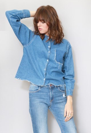 VINTAGE 1980'S DECONSTRUCTED DENIM RAW EDGE CROP TOP