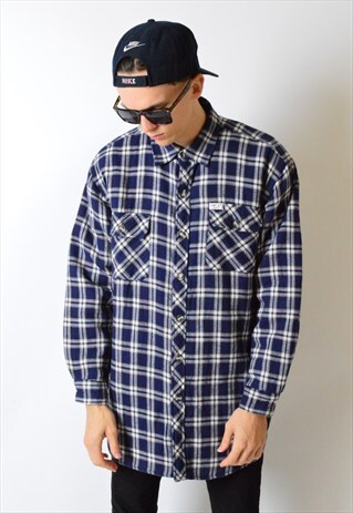 VINTAGE 90S NAVY BLUE CHECK THICK WARM SHIRT JACKET