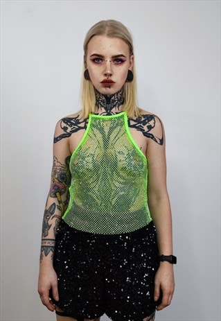 TRANSPARENT SEQUIN TSHIRT GLITTER MESH TOP SPARKLY NEON VEST