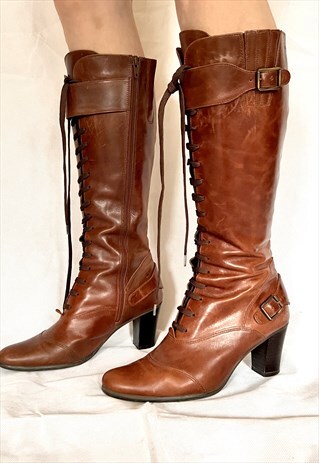 VINTAGE TALL BROWN LEATHER BOOTS, 90S LEATHER SHOES, UK 4.5
