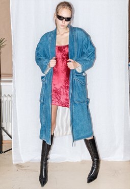 90's Vintage long denim coat with big pockets in blue
