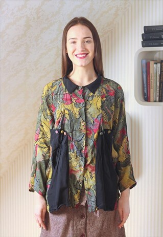 GREEN PATTERNED COLOURFUL OVERSIZED LONG SLEEVE BLOUSE