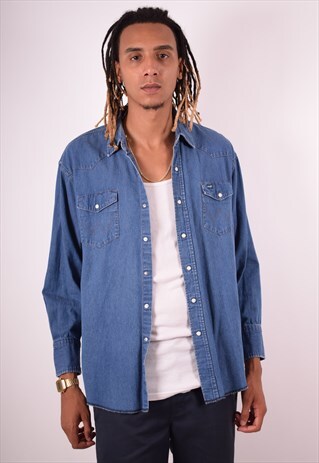 WRANGLER MENS VINTAGE DENIM SHIRT LARGE BLUE 90S