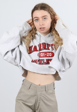 VINTAGE CHAMPION XL GREY PRINTED CROPPED HOODIE