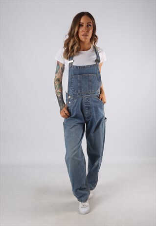 VINTAGE DENIM DUNGAREES WIDE LEG UK 10 SMALL (JE4V)