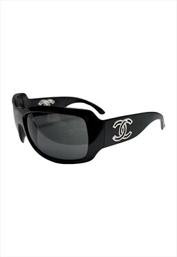 Chanel Sunglasses Black Oversized Square Silver CC Logo 6018