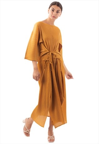 FULL LENGTH PLEATED MAXI DRESS WITH CAP SLEEVES IN YELLOW