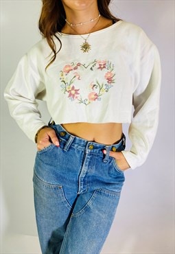 Vintage Size S Floral Embroidered Crop Sweatshirt in White