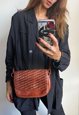 Brown Leather Minimal Woven City Crossbody Shoulder Bag 