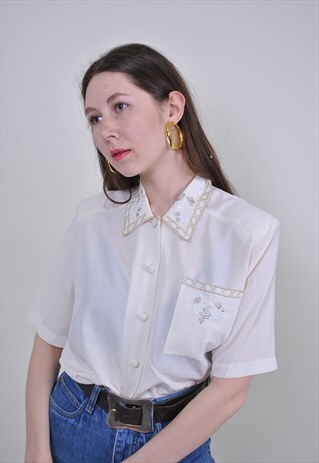80S BEIGE BOHO BLOUSE, VINTAGE FLORAL EMBROIDERY SHIRT