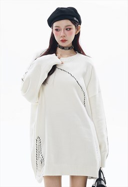 Asymmetric sweater utility jumper stitched punk top in white