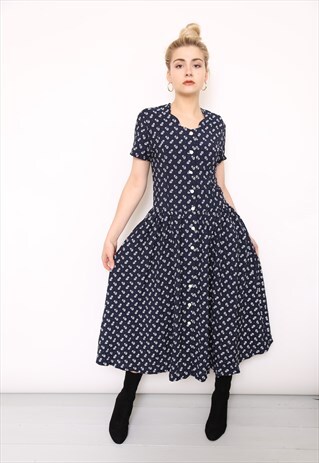 VINTAGE 90S NAVY FLORAL BUTTON MIDI DRESS