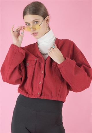 VINTAGE 80S DENIM JACKET IN RED CROPPED WITH BUTTERFLY CUT