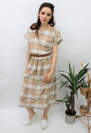 VINTAGE 1980S BEIGE CHECK MIDI DRESS