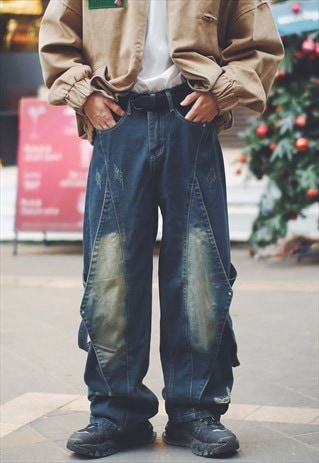 Blue Washed Patchwork Cargo Jeans trousers 