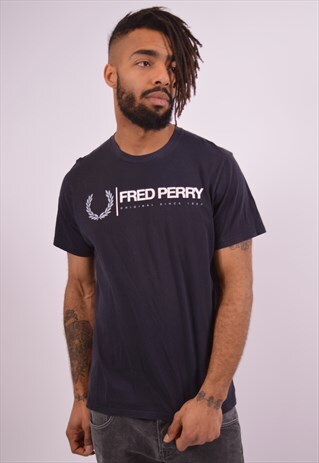 FRED PERRY MENS VINTAGE T-SHIRT TOP LARGE NAVY BLUE 90S