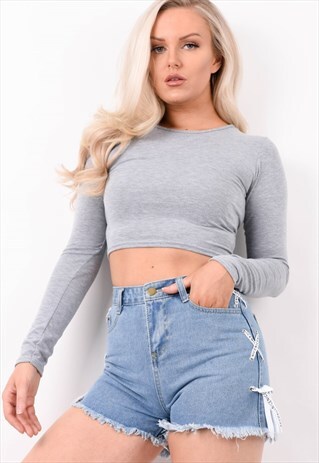 MID BLUE LACE UP SIDE FRAYED HEM DENIM SHORTS