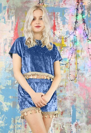 TASSEL SHORTS & BOX TOP CO-ORDINATE IN BLUE VELVET
