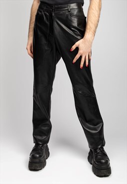 Armani black leather regular fit trousers