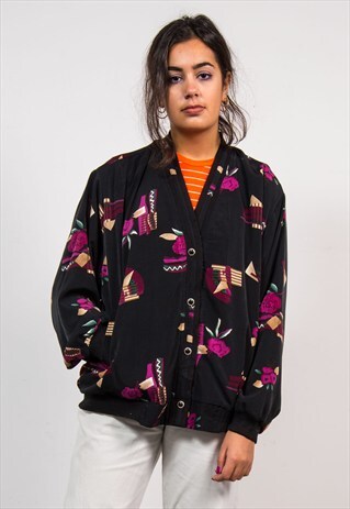 90'S VINTAGE BLACK PATTERNED FLORAL BOMBER STYLE JACKET
